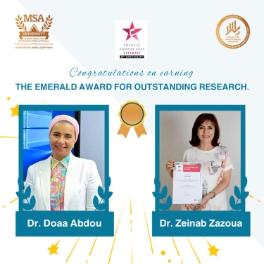 "Dr. Doaa Abdou and Dr. Zeinab Zazoua Honored with 2022 Emerald Award for Outstanding Research"